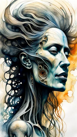 Picasso, Zdzislaw Beksinski, and Peter Gric style ink wash and watercolor, full body illustration of a transcendent biomechanical woman , highly detailed facial features, mixed to anatomical body view, visible skeletal structure, wildly flowing hair, 8k octane, all in focus, clean face, no grain, ethereal, otherworldly concept art in vibrant natural colors