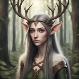 Wood Elf with small antlers and With Center-Part long hair style straight and silky cascading down the shoulders, portrait, background woods