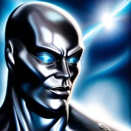 ultra detailed fullbody portrait of The Silver Surfer Marvel, extremely detailed digital painting, intrincate, extremely detailed face,crystal clear Big eyes, in the style of clyde caldwell, mystical colors , perfectly centered image, perfect composition, rim light, beautiful lighting, 8k, stunning scene, raytracing