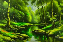 oil painting panorama of forest and water
