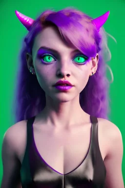 cute purple haired devil human girl with bright green eyes and black horns wearing purple/pink dress