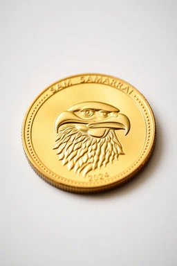 view of word , SAM SAMARRAI 2024, on the edge on the gold coin ,with picture of eagle head, in the middle of the coin.