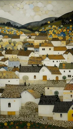 A white simple village with eyes painted by Gustav Klimt