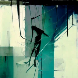 Minimal abstract oil painting of a woman limbs sinew. in concrete warehouse brutalist architecture and hanging wires illuminated at night. With triadic colours. In the style of Justin Mortimer and Phil Hale, Ashley Wood