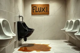 line of fine white porcelain urinals in a nice restaurant men's room with marble floors and walls but one of the urinals is black with a giant crack and is spraying brackish water on floor from a busted pipe, above the broken urinal is a cardboard sign with written text "FLUX1.1", puddle of dirty water on floor, concept art, hyperreal