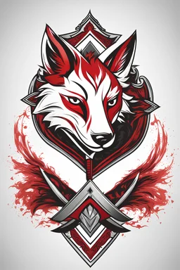 Stylized Emblem of sword, shield, fox tail. Red, black, white, RWBY animation style