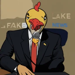 Add chicken crest and chicken beak to the image, also add chicken body with suit and tie. And a microphone 🎤. Cartoon style illustration. It has a phrase that says: "La Fake News." The word La in white on a blue background and the word Fake News in blue on a yellow background.