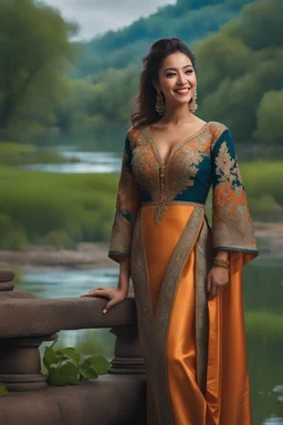 full shot body photo of the most beautiful artwork in the world featuring model, smiling, , High Detail, Sharp focus, dramatic, photo realistic, ultra sharp, ultra hd, hyper realistic, ultra realistic, ((((dress)))), trending on artstation, sharp focus, studio photo, intricate details, highly detailed, standing in nice pose in country side with river ,water fall ,rocky vally