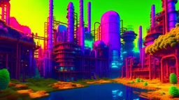 a giant factory, dreamy, psychedelic, 4k, sharp focus, volumetrics, trippy background