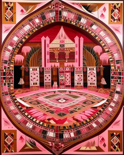 A pink magical casino with runes designed in Navajo baskets painted by John Brack