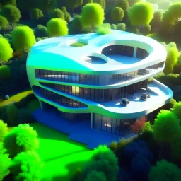 Casa campestre ecológica futurista, estilo Zaha Hadid, calidad ultra, hiperdetallada, hiperrealista, arte digital, 8k3D, vista aérea