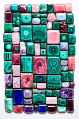 Stonehenge made out of malachite, rhodonite, jasper, amethyst, rose quartz, flourite, sodalite, turquoise and garnet; impressionism