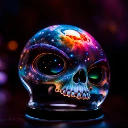 glass alien head harboring a colorful, tiny galaxyscape within; Miniature planets, moons, and vivid nebulae inside skull; by "NASA"; by "Hubble telescope"; futuristic aesthetics microscopic galaxy inside a glass head