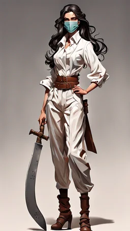 Full body character design, athletic female with wide legged and high waisted pants, white blouse, full face mask made of porcelain in a roman style , long hair, holding a trench cleaver, flat leather pouch on belt, thick heeled shoes