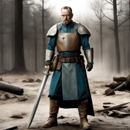 [Breaking bad in middle age] Bryan Cranston as Walter White in the style of Evil Dead: he wears an armour on the battlefield and a zweihander sword to fight with fury, he is dusty and rusty, stays in his boots in the mud, ready to fight hand with the two handed zword