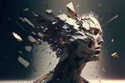human design, breaking down into pieces, cinematic image, 16K,
