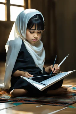 a little girl sitting on the floor holding a tablet, wearing a head scarf, shakira, white bangs, document photo, photo still of, paint, wet drapery, unmasked, diary on her hand, 2 8 years old, focus close on mischievous eyes, hand - drawn animation, with long black hair, portrait of dangerous