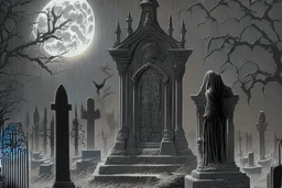 Cemetery with a ghostly figure looming over the scene:: hauntingly beautiful:: intricately detailed ::monochromatic color scheme:: dark and ominous