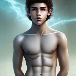 beautiful 12 year old arabic boy with very long curly hair and light blue eyes, shirtless