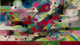 Magenta geometric storm clouds in the sky painted by Wassily Kandinsky
