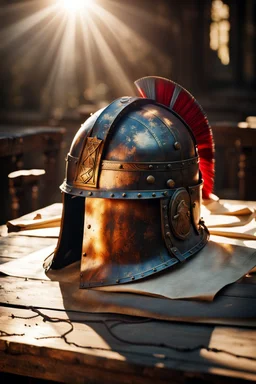 The Roman centurion's helmet lies on an old cracked wooden table. Next to the helmet, on the table, lies a cross on a string and a scroll of parchment. A ray of sunlight reflects off the helmet. All around is the entourage of ancient Rome. High quality image in 8K