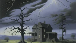 A grayish purple haunted mansion in a lightning storm painted by Caspar David Friedrich