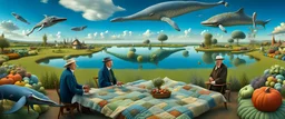 Salvador Dali and Hieronymus Bosch meeting each other at a beautiful outdoor surrealist country market by a small lake, a small flock of dream-like sky-whales swim high in the far distance, surreal outdoor summer scene with a patchwork quilt of fields and hedgerow with strange vegetable creatures, intricate fractal sky, ultra high detail, photoreal, epic cinematic, 8K, Large depth of field