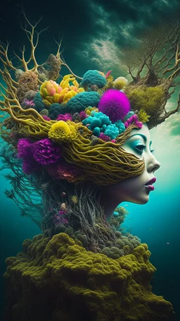 surreal abstract artwork that combines elements of nature, technology and human emotions