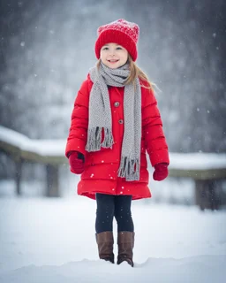 Cute girl in red hat and scarf, snowfall in the background, night