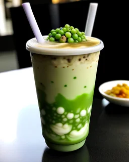 A diverse and flavorful boba drink, with a mix of traditional and modern elements, such as a blend of matcha and taro flavors, topped with a scoop of mochi ice cream and a drizzle of honey.