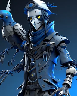 terrifingly cute cyberpunk scarecrow holding a crow, in the style of Android Jones, photography, head to toe, full body shot, white, navy blue grey, very detailed, very clear photo, 3D,