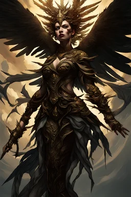 A Celestial woman draped in shadows with an insane expression painted across her gaunt face, wielding a dagger and sword made of strange exotic metals, her wings like the deep reaches of space as the feathered limbs are risen high above her form to shield her from the scolding light above her. Her placement is one of Pandemonium and Chaos incarnate