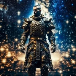 A man powerful commander in a dress made of galaxies and stars with a huge army