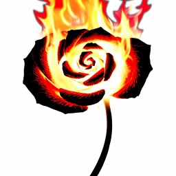 a fire with dark embers and the flames spiral outward like petals to make the shape of a rose flower(red) , black and red on white background