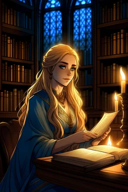 female, royal scribe sitting in library, candlelit, noble face, blue eyes, long blonde hair, digital comic style