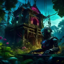 cinematic close up shot of a cyborg cyberpunk robot DJing in an overgrown mysterious forest castle ruins, deep vibrant sky at night with stars, otorealism:1.1), (psychedelic dripping and melting:1.3), masterpiece, epic composition, vibrant colors, flowers foliage and trees