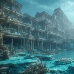 sunken underwater city of atlantis , fish swimming around, highly detailed, cinematic, ultra photorealistic, ultra realistic, volumetric lighting