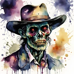 Cowboy Zombie portrait, impressionism, watercolor blotch art, rough watercolor blotches, out of focus, expressionism, pentimento, dark background, ink splatter, depiction of light in in its changing qualities, by Claude Monet
