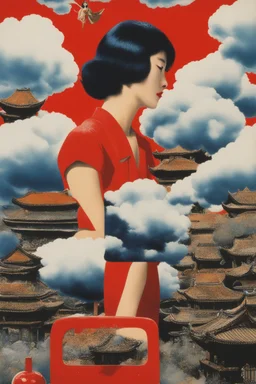 cloud in blue sky, a red lip, collage art, shuji terayama, dreamy objects, surreal, criterion collection, showa era, intricate details, mirror