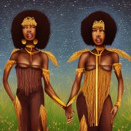 Biologically Female Twins, black skin, tall and slender, long afro kinky hair,big brown eyes, warrior wear. Gold accents on clothing. Surround by trees. Holding golden spears. Starry night