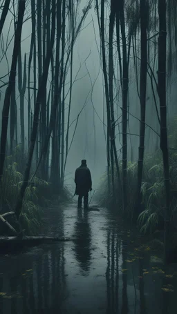 A swamp surrounded by bamboos long trees in cloudy, depressing, foggy, with a dim of light in the distance , on the side an abandoned old hose covered with leaves. A back view of a tall skinny man in black turn his head to his you