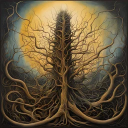 In conflict met het eindige, gestalt, neosurrealism, by Johfra Bosschart, by Otto Rapp, ultra-thin unformed branching worm monstrosity, oil on cardboard, fine brush strokes, weird, sinister, nightmarish, abstract minimalism