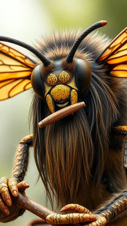 Bee front view with human look face and long hair and beard playing the flute, looks like an ancient Sumerian gods