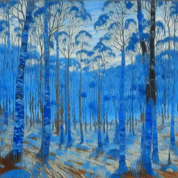 A blue arid forest with spiny trees designed in Australian aboriginal art painted by Claude Monet