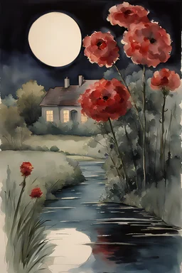 Night, one woman, distant house, red flowers, river, gothic horror films influence, thomas girtin watercolor paintings