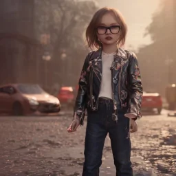 Lily rose depp toddler, full body, floral leather jacket, dynamic pose, tokio background, dramatic lighting, hyper realistic, unreal engine, 8k, upscale