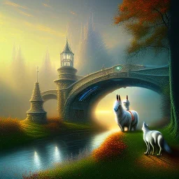 ultra realism, bridge with towers over ravine in autumn,white radiating horse, fantasy art, spray paint, fog, light rays, fox, dogs