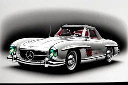 a true-to-life 1956 mercedes benz 300 sl roadster, centered, intricate, extreme detailed, photorealism, center view, city background, pivot on mercedes, pen and color marker painting by cheryl kelley