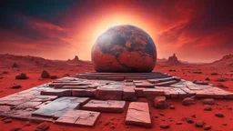 an ancient abstract nonfigurative statue from carved, polished marble blocks lies down on the red Mars planet, background ancient ruins, strange psychedelic sky, cold colors, mystic ancient art, very detailed, cinematic, sharp focus, sci-fi style, utopistic, surreal, psychedelic fantasy