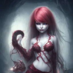 evil satanic girl, full body, smiling, crimson flaming hair, glowing veins, bloody dark cave background,